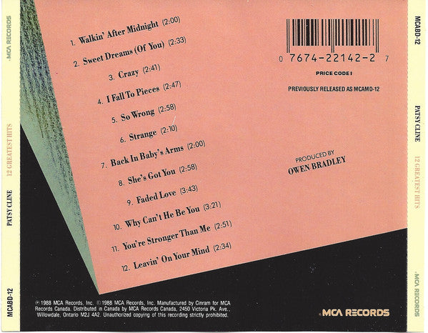 Patsy Cline : 12 Greatest Hits (CD, Comp, RM)