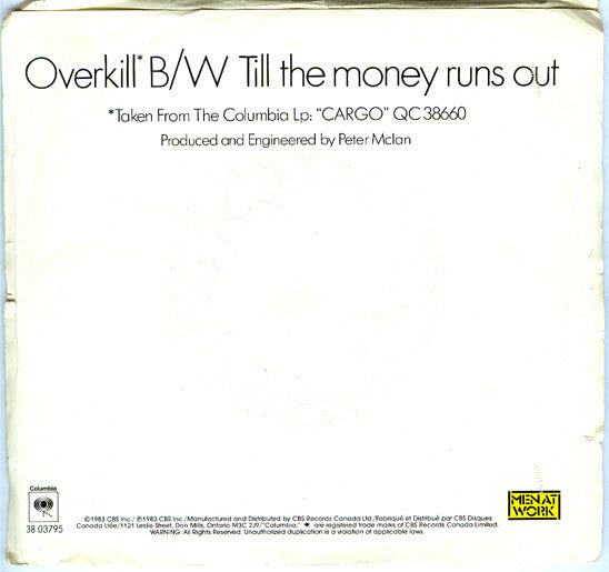 Men At Work : Overkill (7", Single)