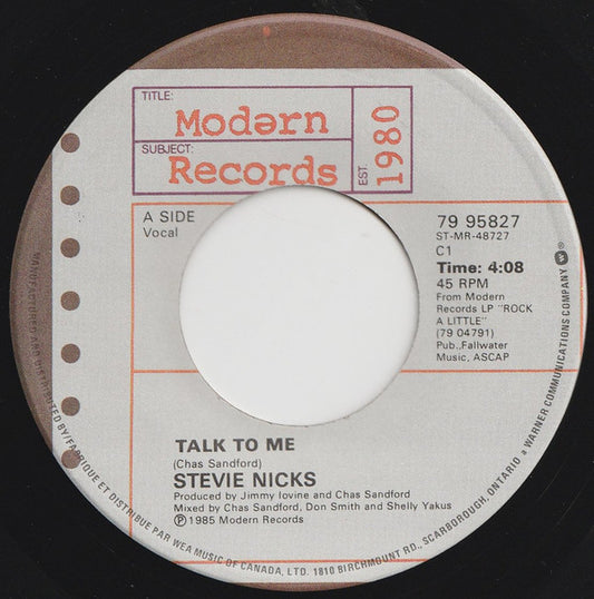 Stevie Nicks : Talk To Me  (7", Single)