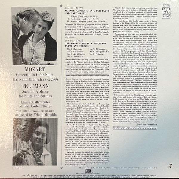 Yehudi Menuhin, Philharmonia Orchestra, Elaine Shaffer, Marilyn Costello, Wolfgang Amadeus Mozart : Mozart: Flute & Harp Concerto / Telemann: Suite For Flute & Strings (LP, RE)