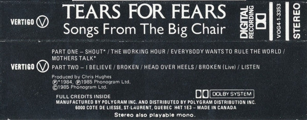 Tears For Fears : Songs From The Big Chair (Cass, Album, 4 S)