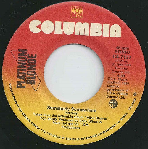 Platinum Blonde : Somebody Somewhere (7", Single)