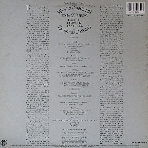 Wynton Marsalis, Edita Gruberova, Raymond Leppard / English Chamber Orchestra / Johann Friedrich Fasch, Georg Friedrich Händel, Giuseppe Torelli, Henry Purcell, Johann Melchior Molter : Wynton Marsalis Plays Handel, Purcell, Torelli, Fasch, Molter (LP, Album)