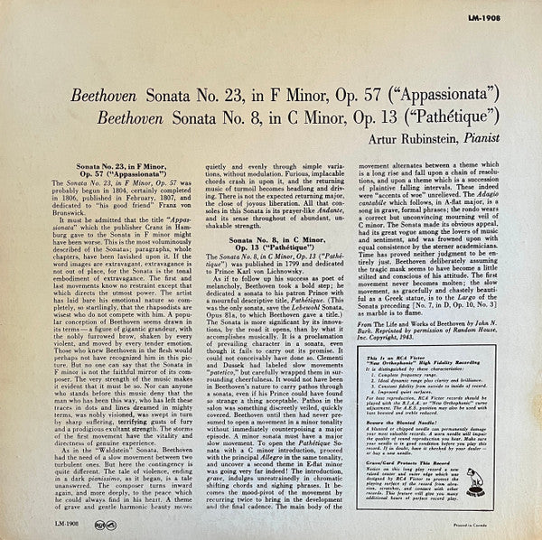 Ludwig van Beethoven, Arthur Rubinstein : "Appassionata" And "Pathétique" Sonatas (LP, Album, Mono)