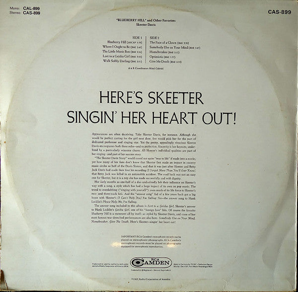 Skeeter Davis : Blueberry Hill And Other Favorites (LP, Album, Comp)