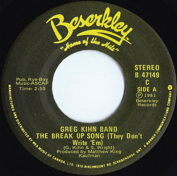 Greg Kihn Band : The Break Up Song (They Don't Write 'Em) (7", Single)