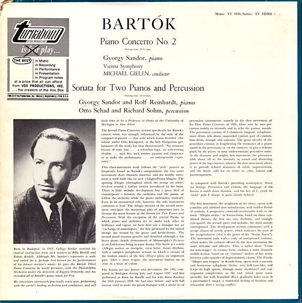 Béla Bartók - György Sándor : Piano Concerto No. 2 & Sonata For 2 Pianos And Percussion (LP)
