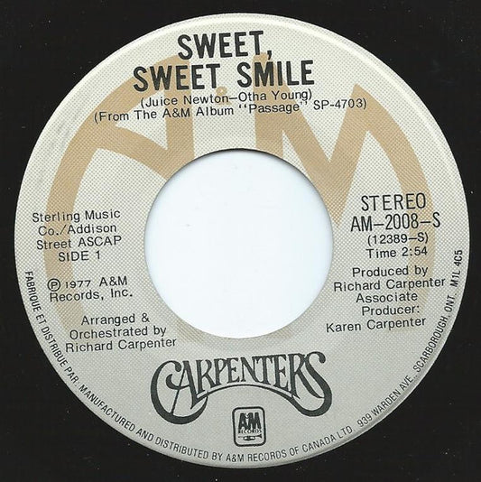 Carpenters : Sweet, Sweet Smile (7", Single)