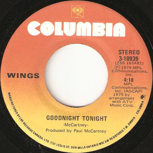 Wings (2) : Goodnight Tonight (7", Single)