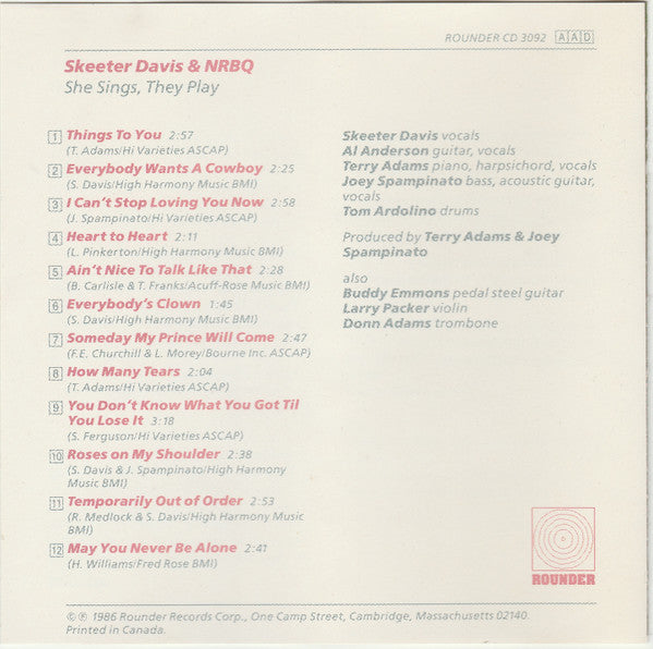 Skeeter Davis And NRBQ : She Sings, They Play (CD, Album)