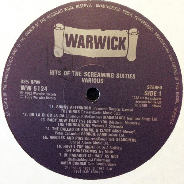 Various : Hits Of The Screaming Sixties 14 Original No One U.K. Hits (LP, Comp, Mono)