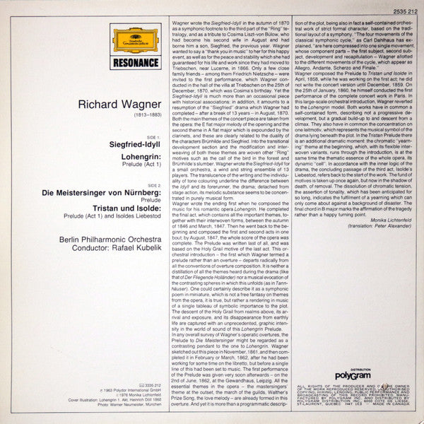 Richard Wagner / Berlin Philharmonic Orchestra*, Rafael Kubelik : Preludes: Lohengrin / Meistersinger / Tristan Und Isolde / Siegfried-Idyll / Liebestod (LP, RE)