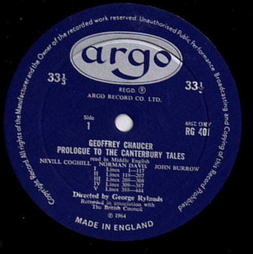 Geoffrey Chaucer, Nevill Coghill, Norman Davis (3), John Burrow : Prologue To The Canterbury Tales Read In Middle English (LP, Mono)