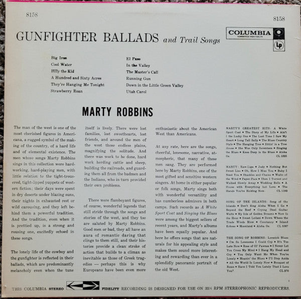 Marty Robbins : Gunfighter Ballads And Trail Songs (LP, Album, RE)