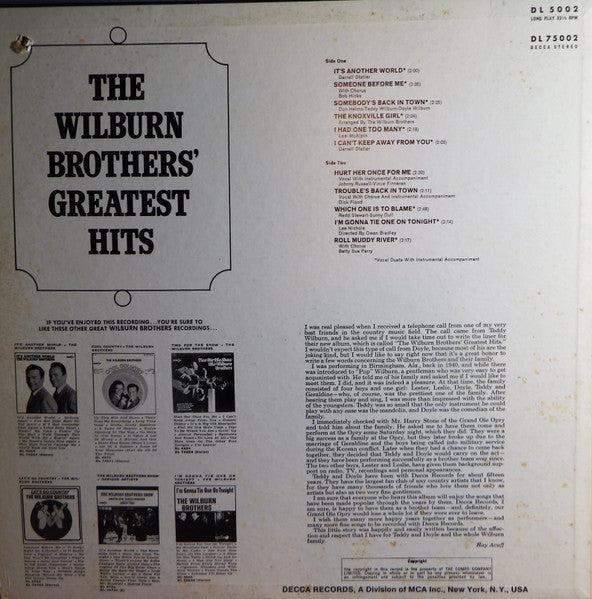 The Wilburn Brothers : The Wilburn Brothers' Greatest Hits (LP, Comp)