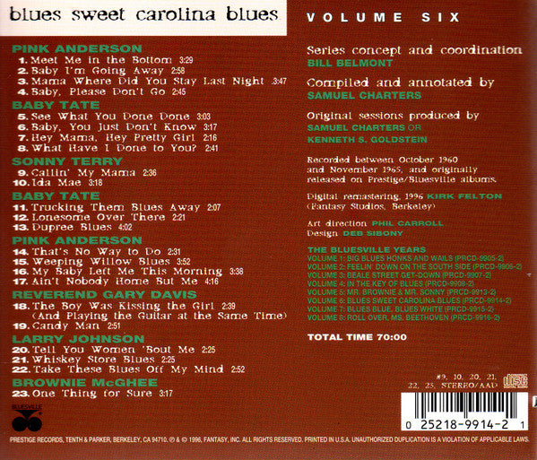 Pink Anderson, Rev. Gary Davis, Baby Tate, Sonny Terry, Brownie McGhee, Larry Johnson (6) : The Bluesville Years Volume Six  Blues Sweet Carolina Blues (CD, Comp)