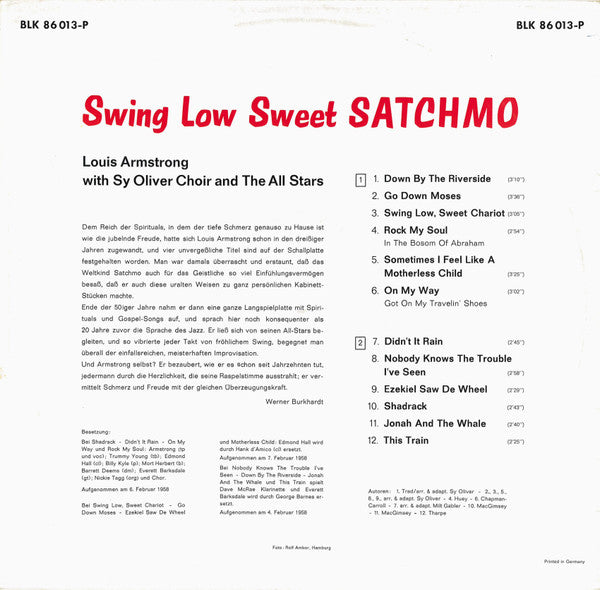 Louis Armstrong And His All-Stars With The Sy Oliver Choir : Swing Low Sweet Satchmo (LP, Album, Mono, RE)