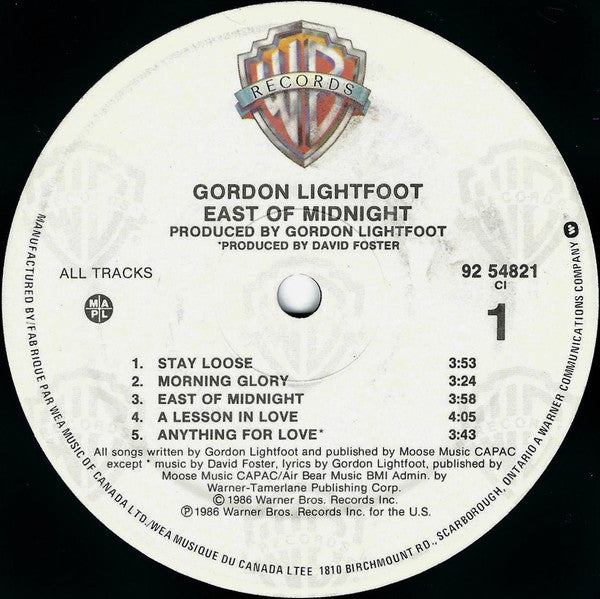 Gordon Lightfoot : East Of Midnight (LP, Album)
