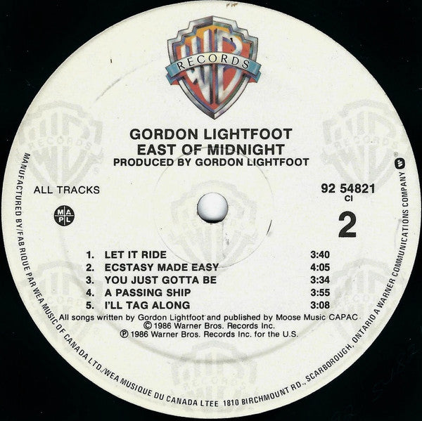 Gordon Lightfoot : East Of Midnight (LP, Album)