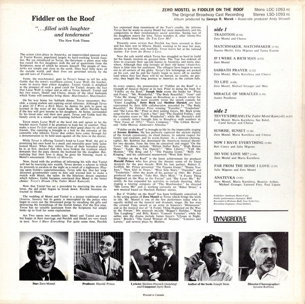 Original Broadway Cast*, Jerry Bock : Zero Mostel In Fiddler On The Roof (The Original Broadway Cast Recording) (LP, Album)
