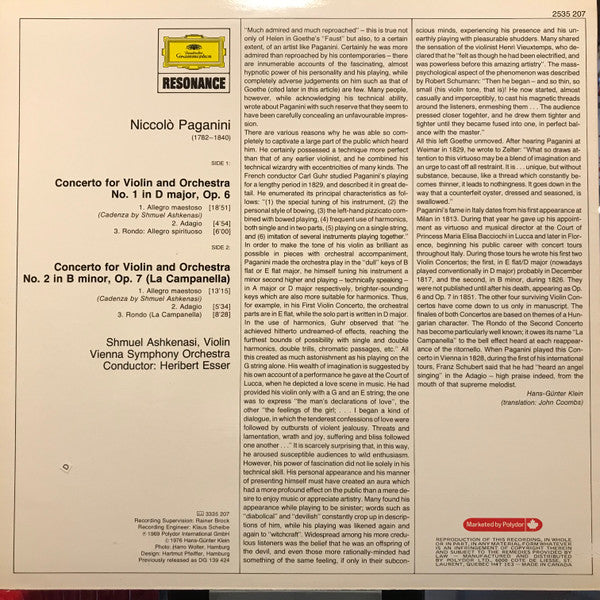 Niccolò Paganini / Shmuel Ashkenasi : Violin Concertos No.1  & No.2 "La Campanella" (LP)