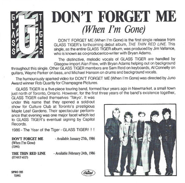 Glass Tiger : Don't Forget Me (When I'm Gone) (7", Single, Cle)
