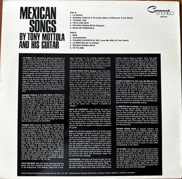 Tony Mottola : Mexican Songs By Tony Mottola And His Guitar (LP, Album)
