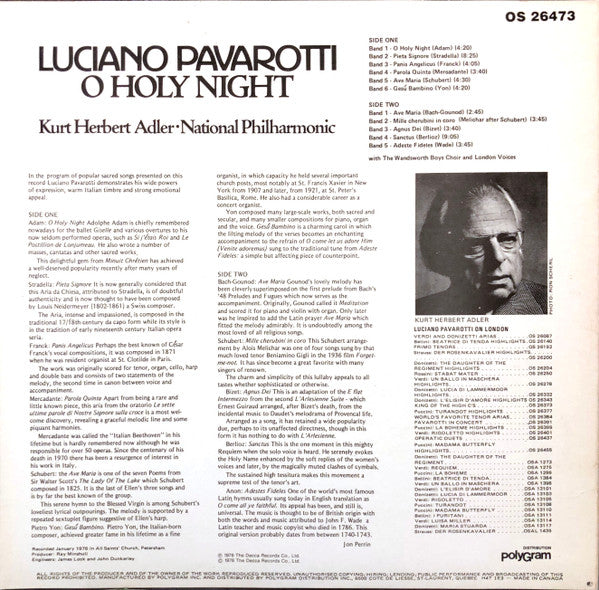Luciano Pavarotti - Kurt Herbert Adler ● National Philharmonic Orchestra : O Holy Night (LP, Album, RE)