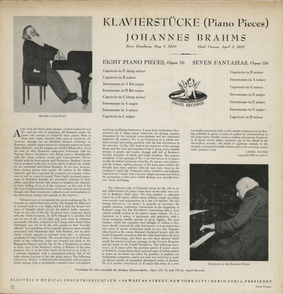 Johannes Brahms - Walter Gieseking : Klavierstücke (Piano Pieces) Op. 76 Op. 116 (LP, Album, Mono, Dow)