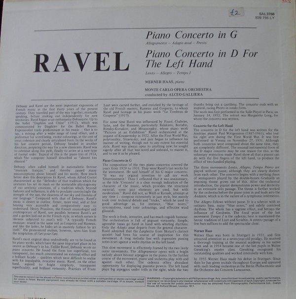 Maurice Ravel, Werner Haas, Orchestre National De L'Opéra De Monte-Carlo / Alceo Galliera : Piano Concertos (LP)