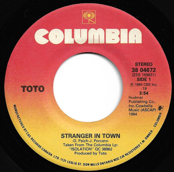 Toto : Stranger In Town (7", Single)