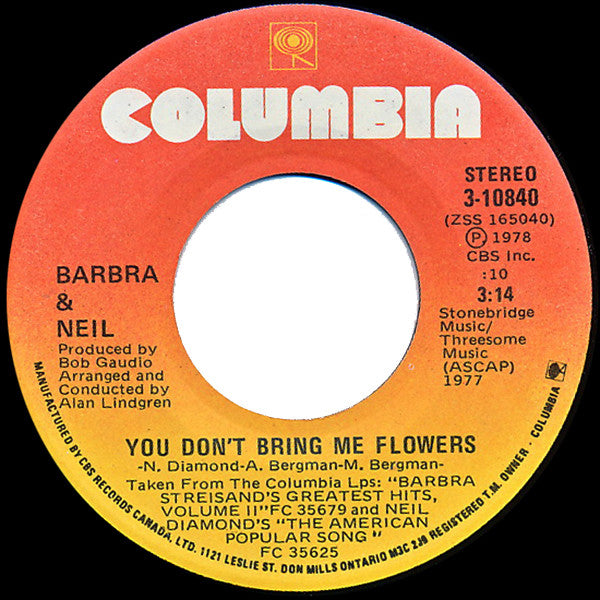 Barbra Streisand & Neil Diamond : You Don't Bring Me Flowers (7", Single)