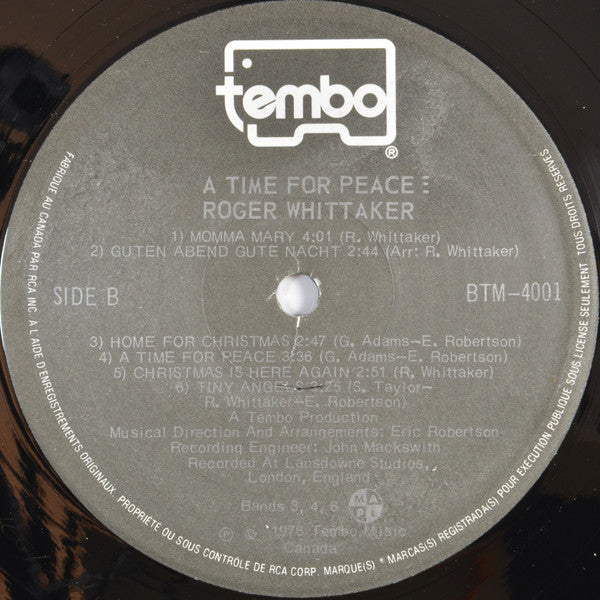 Roger Whittaker : A Time For Peace (The Roger Whittaker Christmas Album) (LP, Album)