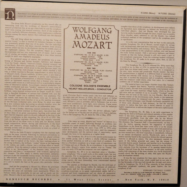 Wolfgang Amadeus Mozart, Cologne Soloists Ensemble, Helmut Müller-Brühl : Symphony No. 23 In D Major K. 181 / Symphony No. 29 In A Major K.201 / Symphony No. 30 In D Major K.202 (LP)