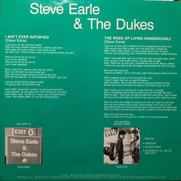 Steve Earle & The Dukes : I Ain't Ever Satisfied / The Week Of Living Dangerously (12", Promo, Smplr)