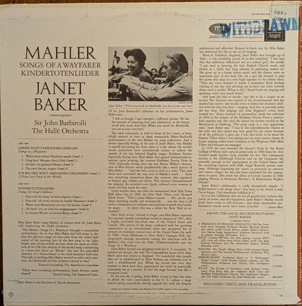 Janet Baker, Mahler*, Hallé Orchestra, Sir John Barbirolli : Mahler: Kindertotenlieder And Songs Of A Wayfarer (LP, RE)
