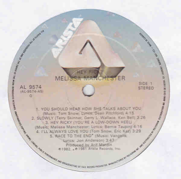 Melissa Manchester : Hey Ricky (LP, Album)