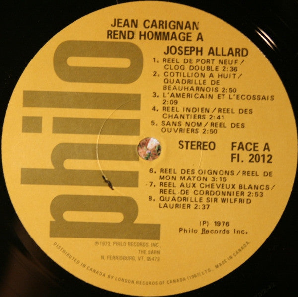 Jean Carignan : Jean Carignan Rend Hommage À Joseph Allard (LP, Album)