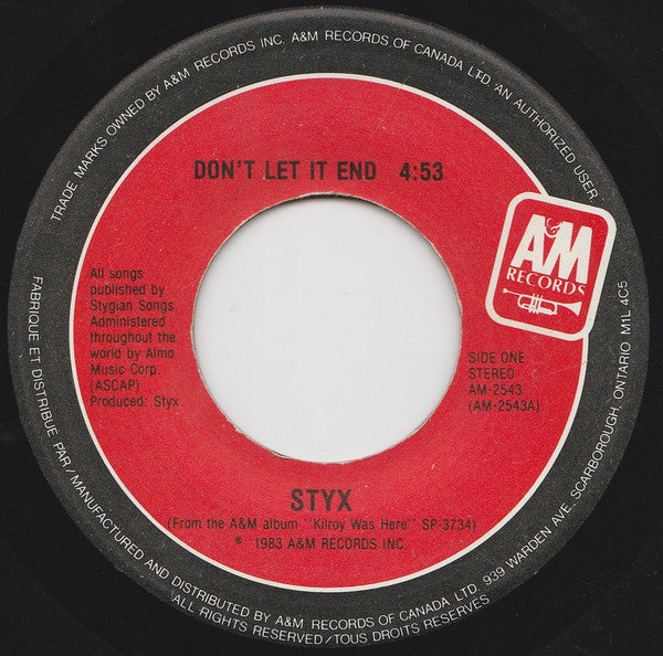 Styx : Don't Let It End (7", Single)