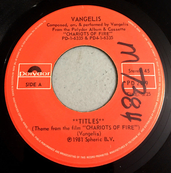 Vangelis : Chariots Of Fire (7")