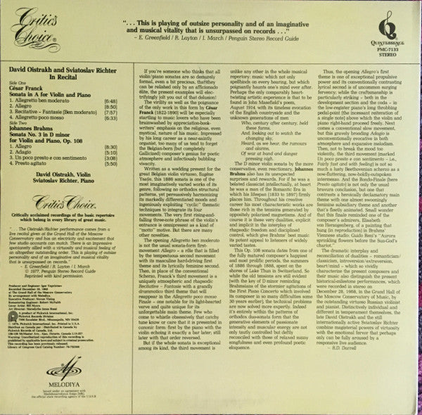 David Oistrach And Sviatoslav Richter, César Franck / Johannes Brahms : In Recital (LP, Album, RE)