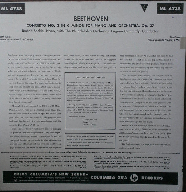 Ludwig Van Beethoven, Rudolf Serkin, Eugene Ormandy Conducts The Philadelphia Orchestra : Concerto No 3 In C Minor For Piano And Orchestra (LP)