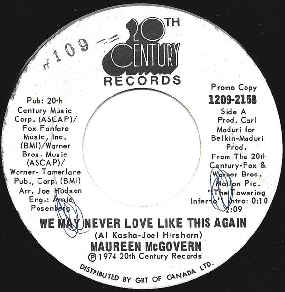 Maureen McGovern : We May Never Love Like This Again (7", Single, Promo, whi)