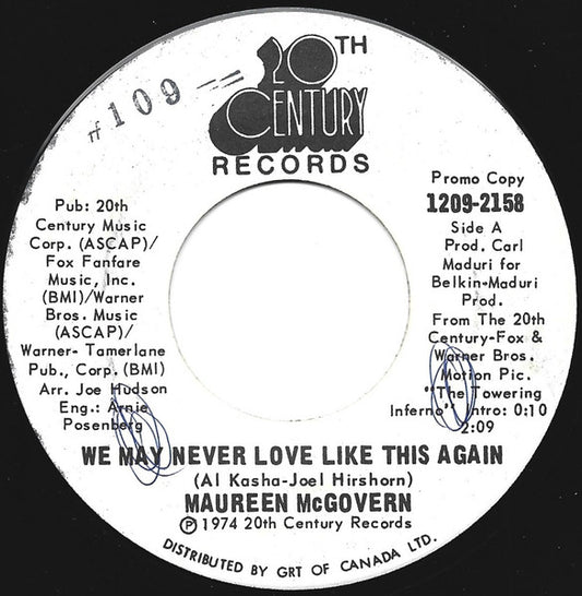 Maureen McGovern : We May Never Love Like This Again (7", Single, Promo, whi)