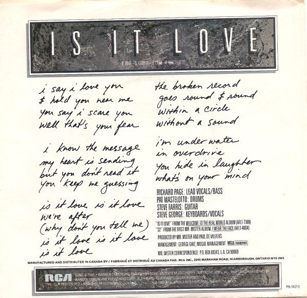 Mr. Mister : Is It Love (7")