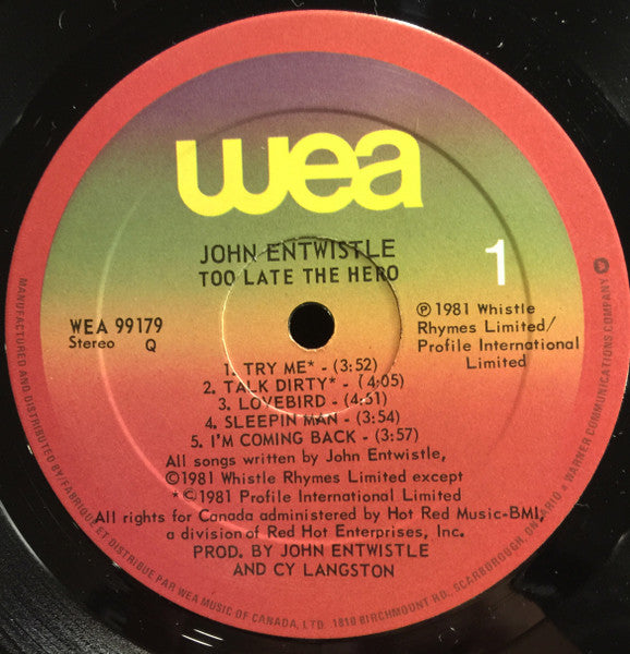 John Entwistle : Too Late The Hero (LP, Album)