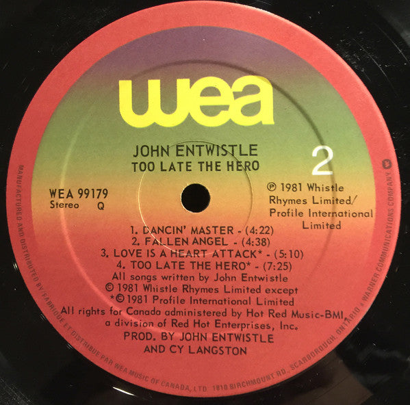 John Entwistle : Too Late The Hero (LP, Album)