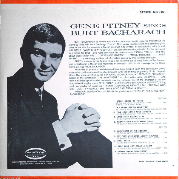 Gene Pitney : Pitney Sings Bacharach (LP, Album, Comp, Ter)
