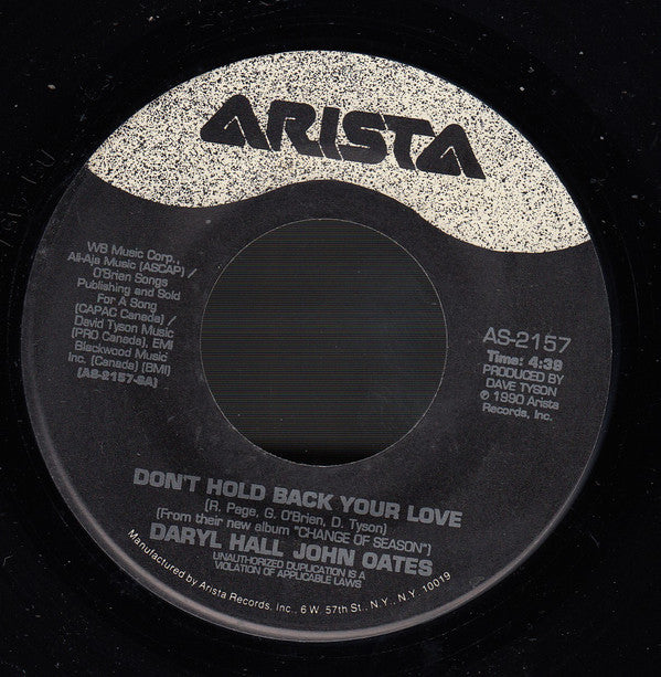 Daryl Hall & John Oates : Don't Hold Back Your Love (7", Single)