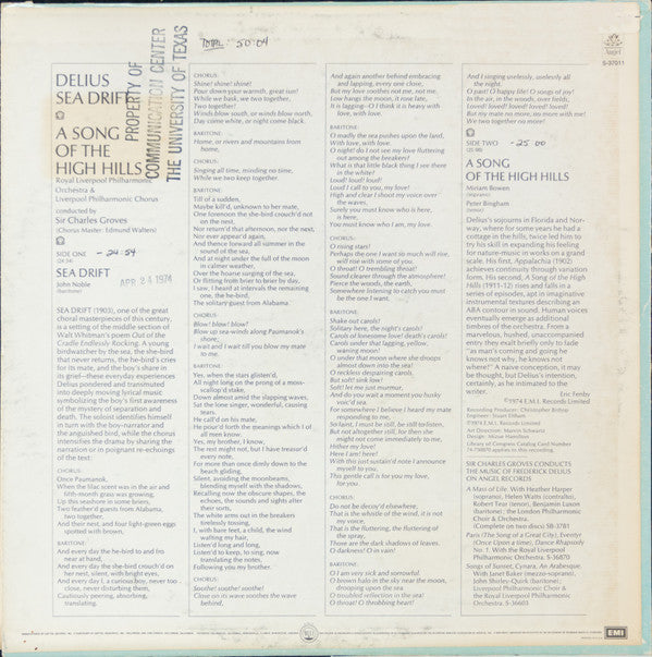 Frederick Delius, Royal Liverpool Philharmonic Orchestra & Royal Liverpool Philharmonic Choir Conducted By Sir Charles Groves With John Noble : Sea Drift / A Song Of The High Hills (LP, Album)